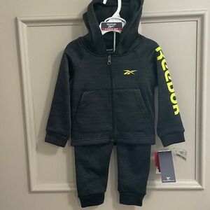 Reebok NWT , 2t dark gray zip up jacket jogger set with Neon Yellow Logo